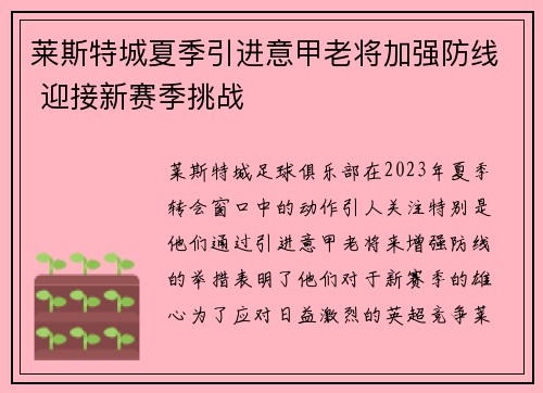 莱斯特城夏季引进意甲老将加强防线 迎接新赛季挑战